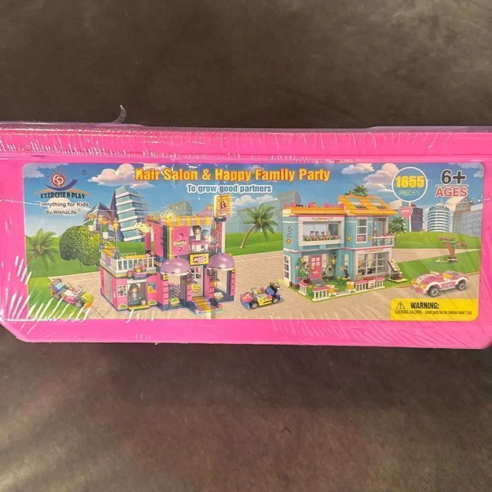Exercise N Play Hair Salon & Happy Family Party Building Blocks Storage Box NEW